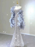 Tineit Elegant Mermaid Sweetheart Neckline Silver Sequin Evening Dress Long Prom Dresses (PRE-ORDER)