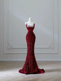 Tineit Elegant Mermaid Spaghetti Straps Burgundy Sequin Long Prom Dresses Party Dress With Beads (PRE-ORDER)