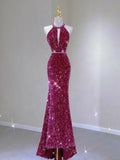 Tineit Elegant Mermaid Scoop Neckline Hot Pink Sequin Long Prom Dresses Party Dress With Beads (PRE-ORDER)