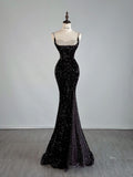 Tineit Elegant Mermaid Spaghetti Straps Black Sequin Long Prom Dresses Party Dress With Beads (PRE-ORDER)