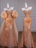 Tineit Sparkly Mermaid Sweetheart Sequin Long Slit Gold Evening Dress Prom Dresses With Beads (PRE-ORDER)