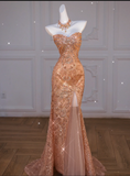 Tineit Sparkly Mermaid Sweetheart Sequin Long Slit Gold Evening Dress Prom Dresses With Beads (PRE-ORDER)