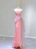 Tineit Elegant Mermaid Strapless Pink Tulle Long Prom Dresses Party Dresses (PRE-ORDER)