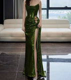 Tineit Elegant Mermaid Strapless Dark Green Sequin Slit Long Prom Dresses Party Dresses (PRE-ORDER)