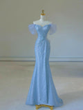 Tineit Elegant Mermaid Off The Shoulder Sequin Blue Evening Dress Long Prom Dresses (PRE-ORDER)