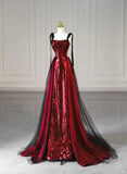 Tineit Elegant A Line Straps Burgundy Sequin Long Prom Dresses Party Dresses (PRE-ORDER)