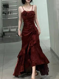 Tineit Elegant Mermaid Spaghetti Straps Burgundy Long Prom Dresses Party Dresses (PRE-ORDER)