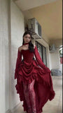 Tineit Elegant High Low Strapless Burgundy Satin Prom Dress Birthday Outfits With Sleeves (PRE-ORDER)