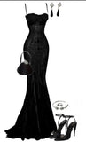 Tineit Elegant Mermaid Spaghetti Straps Black Lace Long Prom Dress Birthday Outfits (PRE-ORDER)