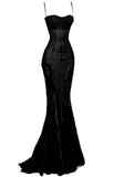 Tineit Elegant Mermaid Spaghetti Straps Black Lace Long Prom Dress Birthday Outfits (PRE-ORDER)