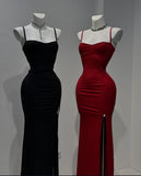 Tineit Elegant Mermaid Spaghetti Straps Black Long Slit Prom Dress Birthday Outfits (PRE-ORDER)