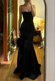 Tineit Elegant Mermaid Spaghetti Straps Black Satin Long Prom Dress Birthday Outfits (PRE-ORDER)