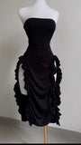 Tineit Elegant Sheath Strapless Black Satin Prom Dress Birthday Outfits (PRE-ORDER)