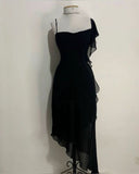 Tineit Elegant High Low Straps Black Chiffon Prom Dress Birthday Outfits (PRE-ORDER)