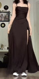 Tineit Elegant A line Spaghetti Straps Black Satin Prom Dress Birthday Outfits (PRE-ORDER)