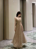 Tineit Elegant A line Spaghetti Straps Champagne Long Length Prom Dress Birthday Outfits (PRE-ORDER)