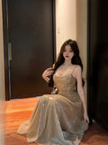 Tineit Elegant A line Spaghetti Straps Champagne Long Length Prom Dress Birthday Outfits (PRE-ORDER)