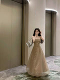 Tineit Elegant A line Spaghetti Straps Champagne Long Length Prom Dress Birthday Outfits (PRE-ORDER)