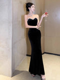 Tineit Elegant Mermaid Strapless Black Velvet Long Length Prom Dresses Birthday Outfits (PRE-ORDER)