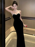 Tineit Elegant Mermaid Strapless Black Velvet Long Length Prom Dresses Birthday Outfits (PRE-ORDER)