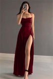 Tineit Elegant A Line Spaghetti Straps Red Satin Long Length Prom Dresses Birthday Outfits C(PRE-ORDER)