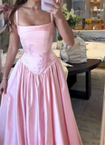 Tineit Elegant A Line Straps Pink Satin Long Length Prom Dresses Birthday Outfits (PRE-ORDER)