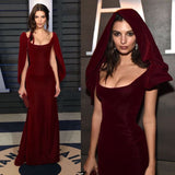 Tineit Vintage Sheath Boat Neckline Burgundy Velvet Long Length Prom Dresses Birthday Outfits (PRE-ORDER)