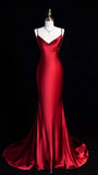 Tineit Vintage Mermaid Spaghetti Straps Red Satin Long Length Prom Dresses Birthday Outfits (PRE-ORDER)