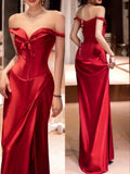 Tineit Vintage Sheath Off The Shoulder Red Satin Long Length Prom Dresses Birthday Outfits (PRE-ORDER)