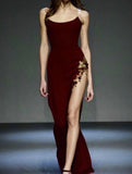 Tineit Vintage Sheath Strapless Burgundy Slit Long Length Prom Dresses Birthday Outfits (PRE-ORDER)