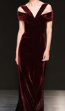 Tineit Vintage Sheath V Neckline Burgundy Velvet Long Prom Dresses Birthday Outfits With Ruffles (PRE-ORDER)