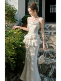 Tineit Elegant Mermaid Spaghetti Straps White Ruffles Prom Dresses Party Dresses (PRE-ORDER)