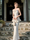 Tineit Elegant Mermaid Spaghetti Straps White Ruffles Prom Dresses Party Dresses (PRE-ORDER)