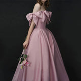 Tineit Elegant A line Off The Shoulder Satin Pink Evening Dress Long Prom Dresses (PRE-ORDER)