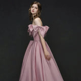 Tineit Elegant A line Off The Shoulder Satin Pink Evening Dress Long Prom Dresses (PRE-ORDER)