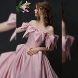 Tineit Elegant A line Off The Shoulder Satin Pink Evening Dress Long Prom Dresses (PRE-ORDER)