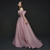 Tineit Elegant A line Off The Shoulder Satin Pink Evening Dress Long Prom Dresses (PRE-ORDER)