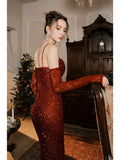 Tineit Elegant Mermaid Spaghetti Straps Burgundy Sequin Ruffles Prom Dresses Party Dresses (PRE-ORDER)