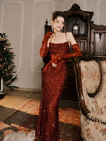 Tineit Elegant Mermaid Spaghetti Straps Burgundy Sequin Ruffles Prom Dresses Party Dresses (PRE-ORDER)