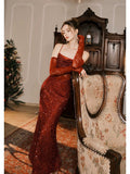 Tineit Elegant Mermaid Spaghetti Straps Burgundy Sequin Ruffles Prom Dresses Party Dresses (PRE-ORDER)