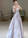 Tineit Elegant A line Off The Shoulder Satin Floral  Evening Dress Long Prom Dresses (PRE-ORDER)