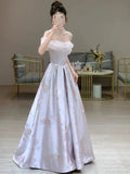 Tineit Elegant A line Off The Shoulder Satin Floral  Evening Dress Long Prom Dresses (PRE-ORDER)