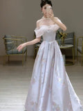 Tineit Elegant A line Off The Shoulder Satin Floral  Evening Dress Long Prom Dresses (PRE-ORDER)