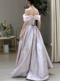 Tineit Elegant A line Off The Shoulder Satin Floral  Evening Dress Long Prom Dresses (PRE-ORDER)