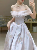 Tineit Elegant A line Off The Shoulder Satin Floral  Evening Dress Long Prom Dresses (PRE-ORDER)