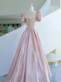 Tineit Elegant A line Square Neckline Satin Short Sleeves Pink Evening Dress Long Prom Dresses (PRE-ORDER)