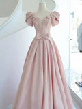 Tineit Elegant A line Square Neckline Satin Short Sleeves Pink Evening Dress Long Prom Dresses (PRE-ORDER)