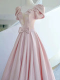 Tineit Elegant A line Square Neckline Satin Short Sleeves Pink Evening Dress Long Prom Dresses (PRE-ORDER)