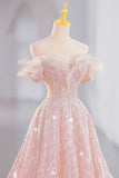 Tineit Elegant A line Off The Shoulder Sequin Pink Evening Dress Long Prom Dresses (PRE-ORDER)