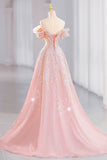 Tineit Elegant A line Off The Shoulder Sequin Pink Evening Dress Long Prom Dresses (PRE-ORDER)